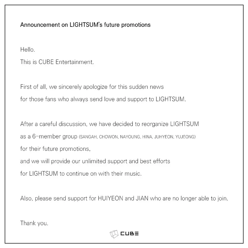 1666690699 3 Cube anuncia que LIGHTSUM se reorganizara los miembros Huiyeon y