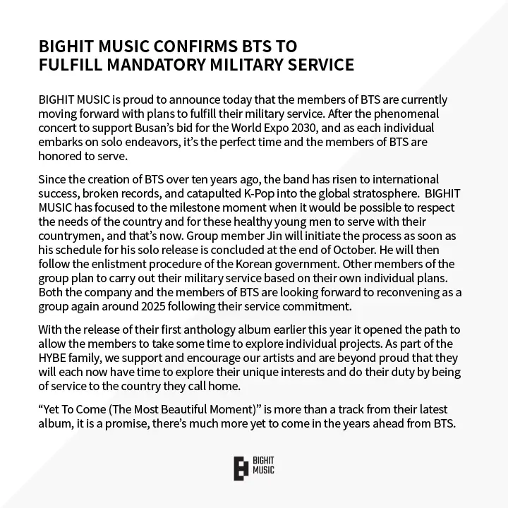 BTS anuncia oficialmente que el grupo se alistara en el
